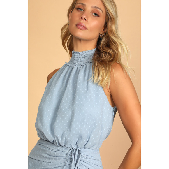 Lulus Mini Dress Large Dusty Blue Halter Ruched Sleeveless Place and Time - Picture 14 of 14